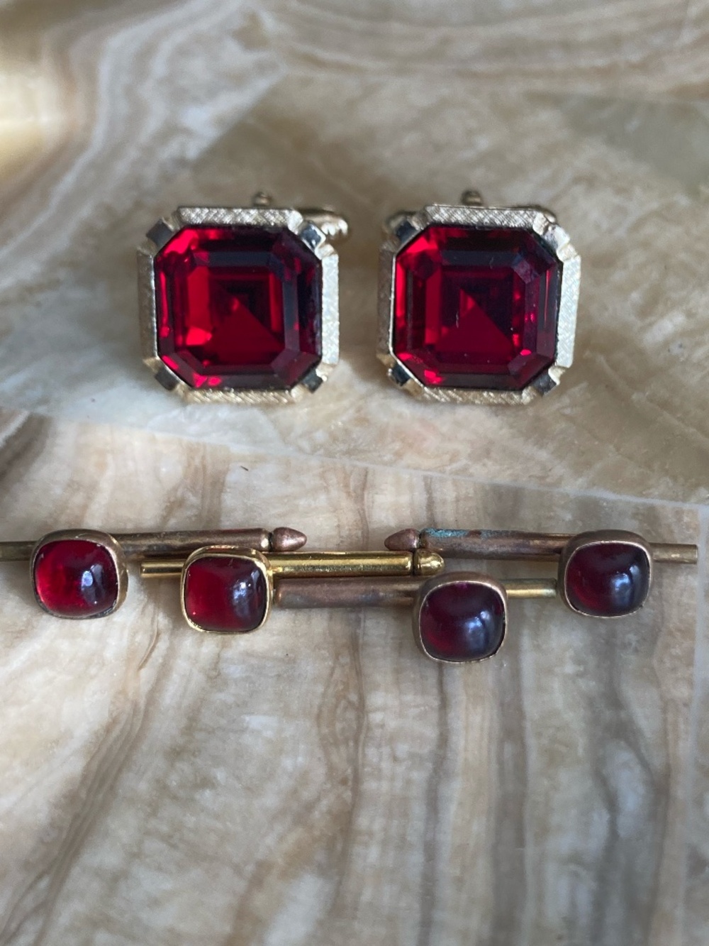 Vintage Anson Pat Pending Red Crystal Cufflinks & Brass Tuxedo Stud Set